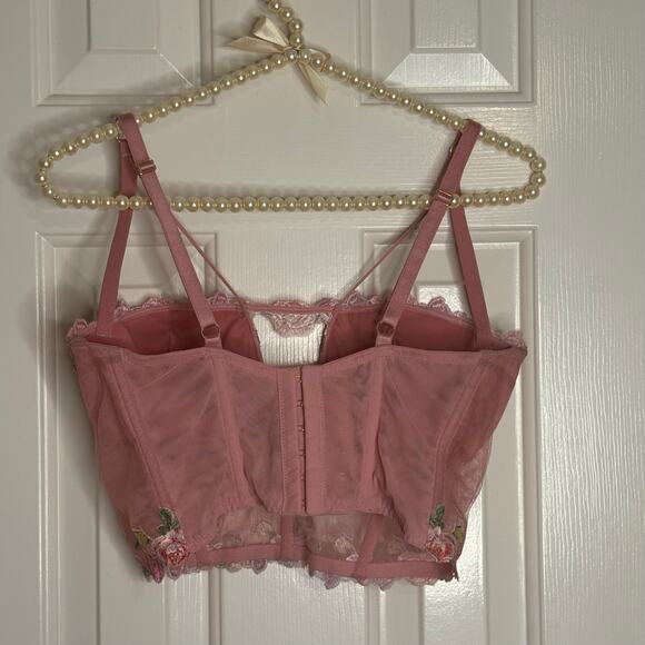 Victoria’s Secret Floral Embroidered Bustier Crop Top Pink Mesh Size Small‎ DD - Picture 2 of 6